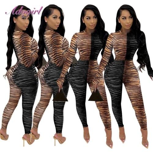 TigerPrint Rompers Sexy Long Sleeve Turtleneck Night Party Club Skinny Jumpsuit Women Winter Fitness Streetwear Outfit Overalls