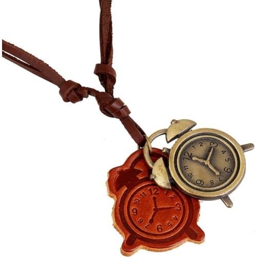 Vintage Retro Pendant Necklace Alarm Clock Alloy Long Leather Choker Unisex Time Chain for Fashion Men Women Charm Jewelry Gift