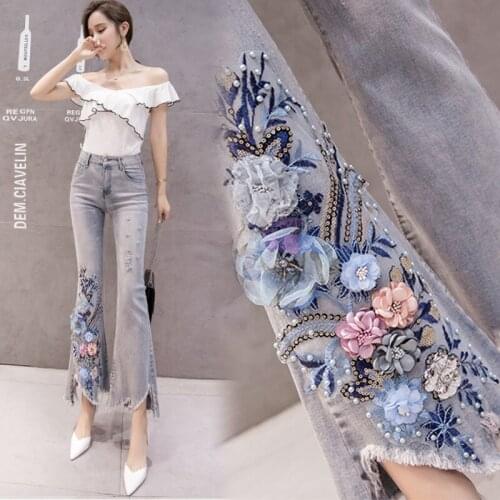 2020 New Summer Women Washed Irregular Zipper Fly Ankle-Length Denim Pants Female Fashion Embroidered Flares Jeans Trousers T226