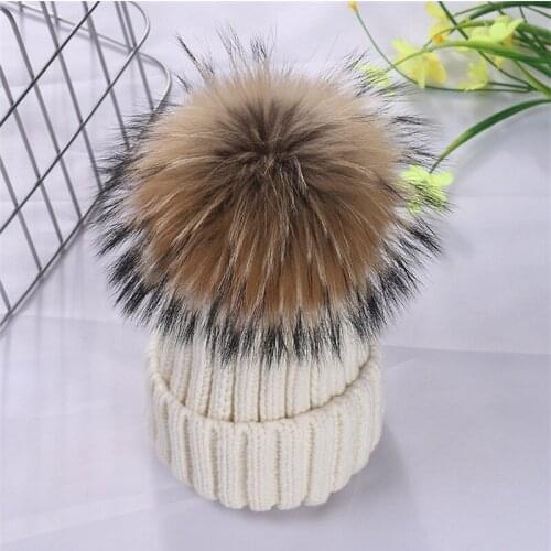 Womens Hats 15cm Big Hairball Natural Fox Fur Pompom Buckle Knitted Hat Winter Warm Woolen Beanies For Women Adult Children