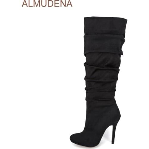 ALMUDENA Ladies Graceful Black Suede Knee High Boots Folded Design Sexy Thin High Heel Tall Boots Pleated Stylish Long Boots