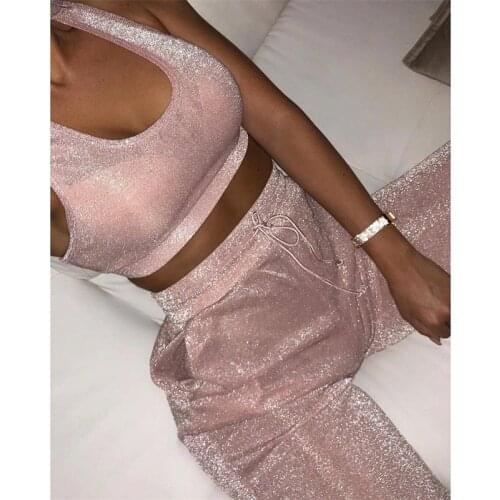Sparkly Two Piece Set Sexy Bodycon Jumpsuit Women Romper Summer Autumn Sexy Crop Top And Long Pants Casual Playsuits Overalls