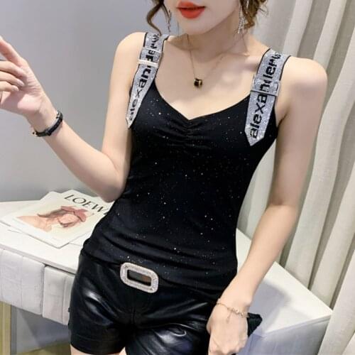 #5312 Blue Red Black White Tank Tops Women Sexy Club Crop Top Female V Neck Sleeveless Top With Diamonds Summer Shinny Tops
