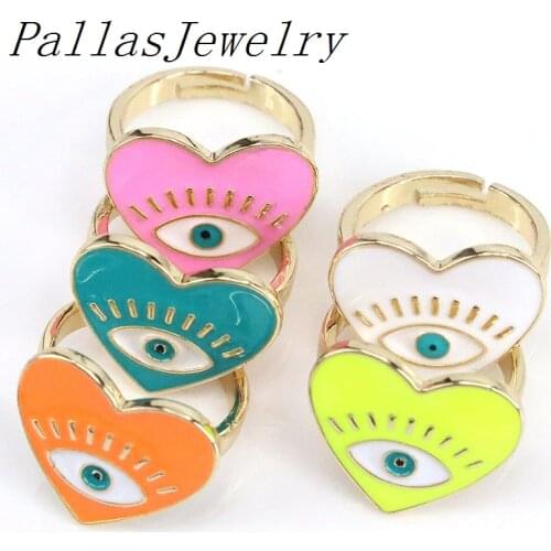 10Pcs Fashion Colorful Enameled Creative Eyes Heart Shape Finger Rings Gold Drip Oil Eyes Adjustable Open Rings