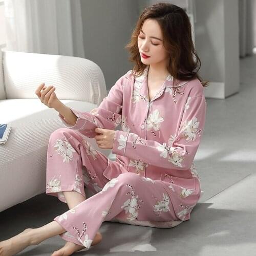 2021 Spring Autumn Plus Size Long Sleeve Cotton Pajama Sets for Women Floral Sleepwear Pyjama Homewear Pijama Mujer Home Clothes