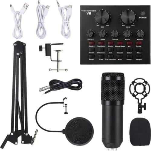 BM800 Microphone Kit with V8 Sound Card Professional Microphone Studio Condenser Microphone for Computer