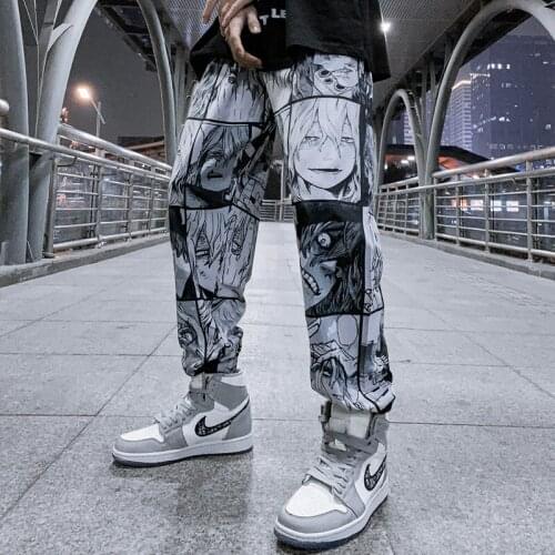 Japanese Anime Illustration Print Pants Men Casual Elastic Waist Cargo Joggers Trousers Harajuku Hip Hop Streetwear Men