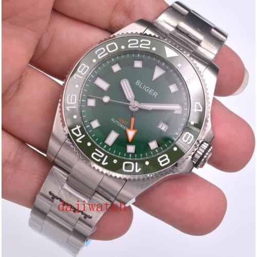 43 mm BLIGER Super Glow Sterile Dial Automatic Mens Watch with GMT Hand Date Display Stainless Steel Strap