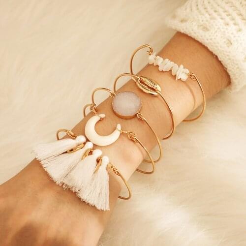 Docona Boho Shell Moon Tassel Multilayer Bracelet Bangle Set for Women Geometric Open Bangle Boho Jewelry 8195