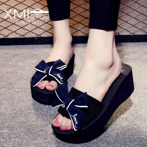 XMISTUO Beautifully Crafted Bowknot Decor Home Flat Bottom a Simple Word Cute Girl Vacation Indoor Stretch With Rome Slippers