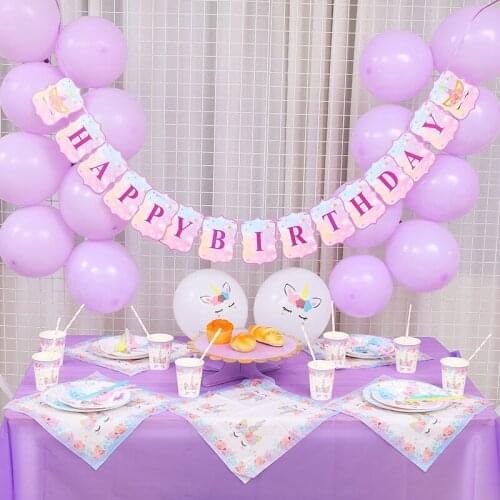 Unicorn Party Supplies Tableware Set Unicorni Tablecloth Paper Cup Napkins Banner Cake Topper Wedding Baby Shower Decorations