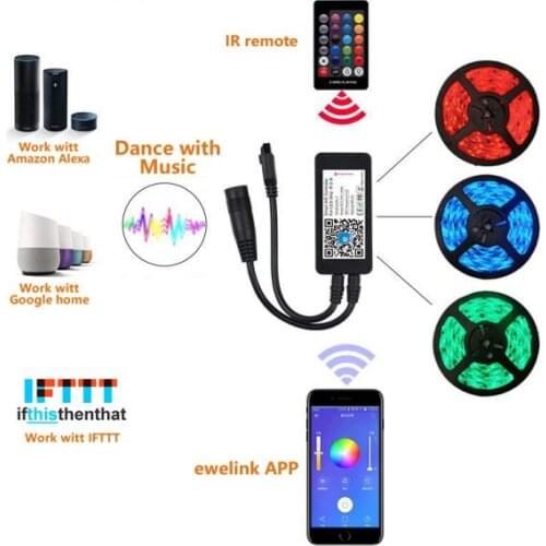 Ewelink RGB LED STRIP WIFI CONTROLLER+IR REMOTEStrip light controller for smart life work with Amazon Alexa and Google home