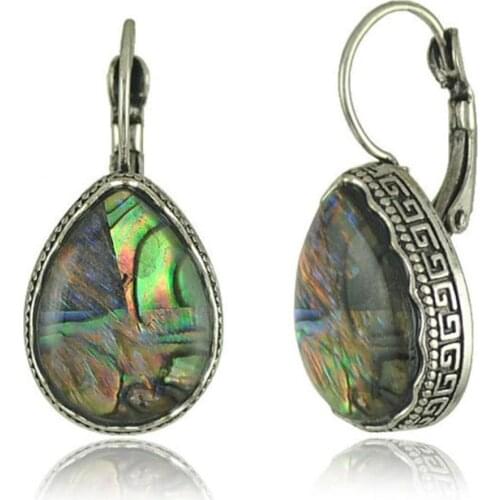 FYJS Unique Antique Silver Plated Water Drop Abalone Shell Earrings for Elegant Women Jewelry