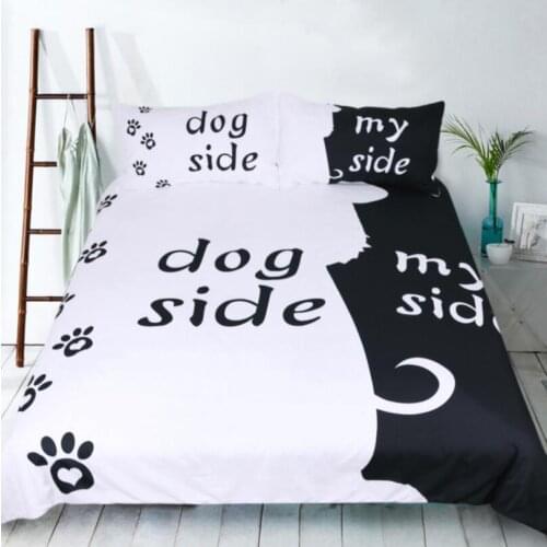 3pcs Black White Dog Cat Side My Side bedding sets US Twin Full Queen King Size Bed Linen Couples Duvet Cover Set Pillowcase