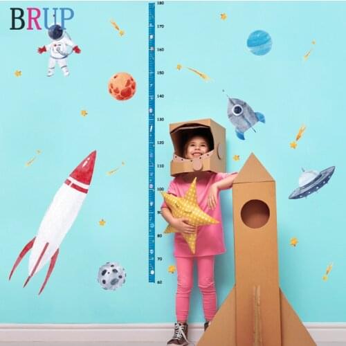Space Rocket Children Height Sticker Cartoon Wall Stickers for Kids Rooms Universe Planet Home Decor PVC Vinyl Wall Decals