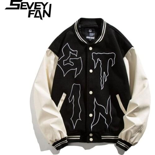 SEVEYFAN Mens Fashion Printed Jackets Streetwear PU Leather Patchwork Baseball Coat Color Contrast Hip Hop Coat for Couples