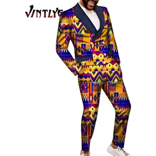 Fashion Men African Style Print Suit Fashion Double Breasted Jackets Blazers and Long Pant African Dashiki Mens Clothes WYN1373