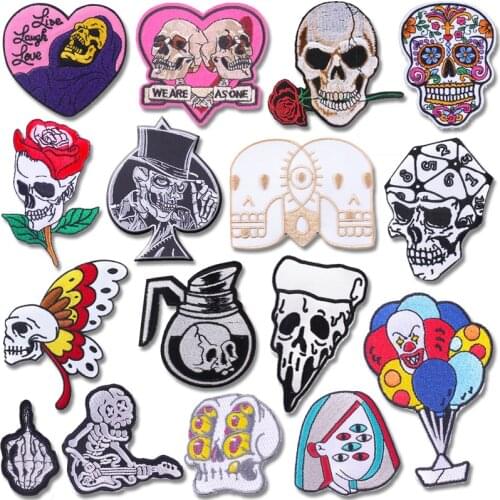 Pulaqi Punk Skull Patches For Clothing Hippie Black And White Sticker Embroidery Patches On Clothes Stripes For Clothes Applique