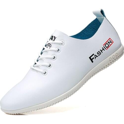 Low-cut white shoes mens trend trend cowhide casual lace-up white mens shoes