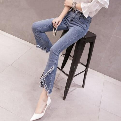 NEW Spring Summer Jeans For Women Beaded Tassel High Waist Elastic Slim Vintage Denim Pants Female Ankle Length Flare Pants H232