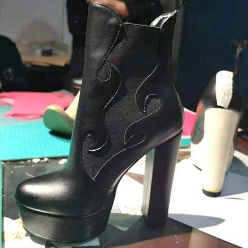 New Design Flame Cut Stretch Chunky Heel Ankle Boots High Platform High Heel Boots Female Motorcycle Boots Zapatos Mujer