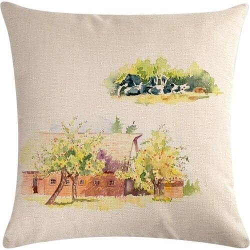 Single-sided Printing Oil Painting Pillowcase American Country Landscape Cow Flower Cushion Cover Vintage Sofa Chair Home Decor