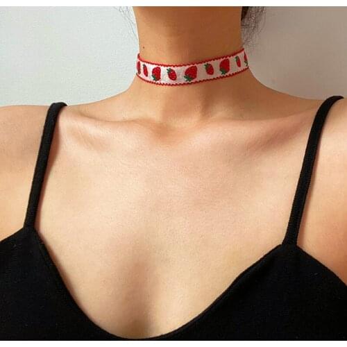 Vogallery Sweet Strawberry Chokers Necklaces For Women Fashion Cute Pink Short Necklace Summer Girl Jewelry Party Accessories