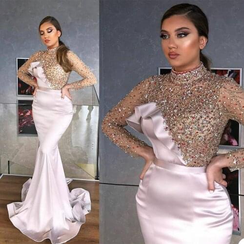 Full Beading Mermaid Prom Dresses Beaded High Neck Illusion Long Sleeve Evening Gowns African Sweep Train Party Club Wear Outfi