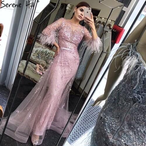 Serene Hill Luxury Gold Long Mermaid Evening Dresses Gowns 2021 Beading Feathers Elegant Sexy For Women Party BLA70827
