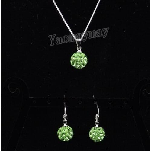 Light Green Disco Ball Pendant Earrings And Necklace Crystal Jewellery Set 10 Sets Wholesale
