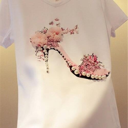 Heavy Craft Beaded Three-dimensional Flower High Heels Pattern Cotton T-shirt Short-sleeved Summer Tops for Women 2021
