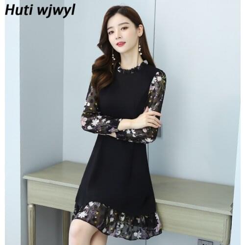 2021 Vintage 4XL Plus Size Floral Chiffon Sexy Mini Dress Autumn Winter Print Patchwork Dress Women Bodycon Party Black Vestidos