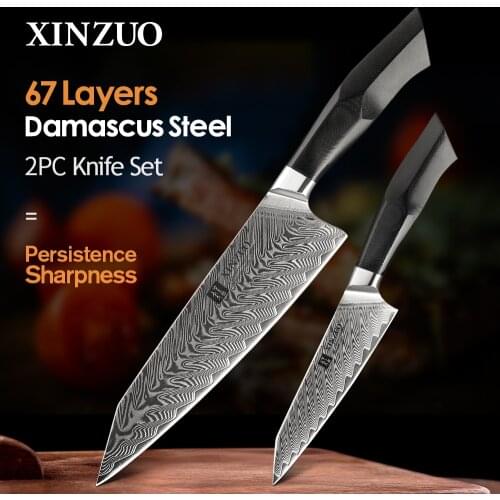 XINZUO Damascus Steel 2 Pcs Best Kitchen Chef Knives Set Stainless Steel Very Sharp Knives VG10 Steel G10 Handle Sharp Cutter