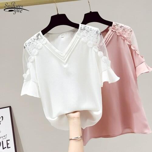2021 Summer Short Sleeve Chiffon Shirt Female Korean Loose V-neck Mesh Stitching Lace Blouse Women Plus Size White Clothes 14851