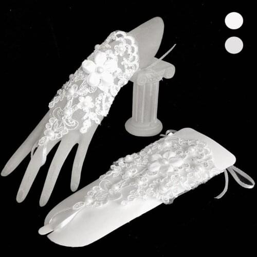 1 Pair Women Bridal Short Gloves Fingerless Embroidery Lace Floral Applique Faux Pearl Decor Mittens Cross Bandage Hook