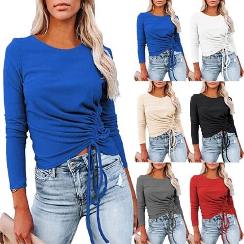 Women Close-fitting Drawstring Pullover Tops Autumn Solid Color Long Sleeve Round Collar T-shirt S/ M/ L/ XL/ XXL