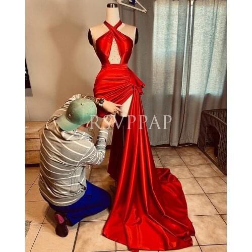 African Black Girl Red Short Prom Dresses 2021 Sexy Beaded See Through Front Backless High-Low Style Party Prom Gowns