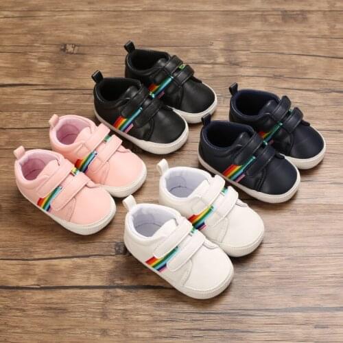 0-12 Mothes Todder Baby Rainbow Striped Sneakers Anti-Slip Soft Sole Crib Moccasins Shoes with Adjustable Straps PU Leather