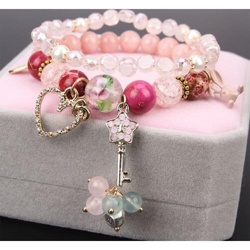 2021 Japanese and Korean Handmade Fashion Beaded Bracelet Pop Flower Crystal Sweet Romantic Double Bracelet Girlfriend Gift