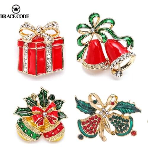 Pins New Gift Box Bell Gift Santa Claus Snowman Christmas Tree Brooch Crystal Brooch Strap Christmas Gifts