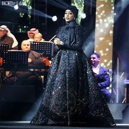 Black Glitter Long Sleeves Muslim Evening Dress High Neck Princess Middle East Celebrity Dresses Plus Size Women Prom Gowns