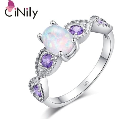 CiNily White Fire Opal Oval Stone Rings Silver Plated Lilac Purple Zirconia Crystal Engagement Wedding Fully-jewelled BOHO Woman