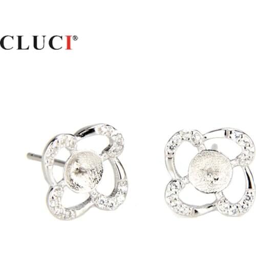 CLUCI Luxury 925 Sterling Silver Stud Earrings Women Jewelry Silver 925 Pearl Earring Mounting Flower Earrings for Women SE033SB