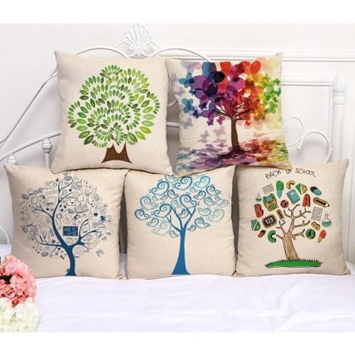 Decorative Pillow Cushion Case Cartoon Life Trees Painting Pillowcase 17.5 Inch Cotton Linen Chair Seat Throw Pillow Cover P1083