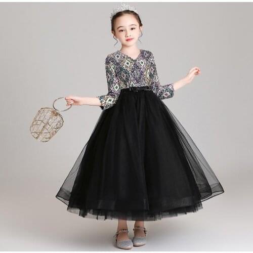 Children Sequined Mesh Stitching Evening Gown Kids Catwalk Weeding Birthday Party Princess Dresses For Girl Vestidos L1133