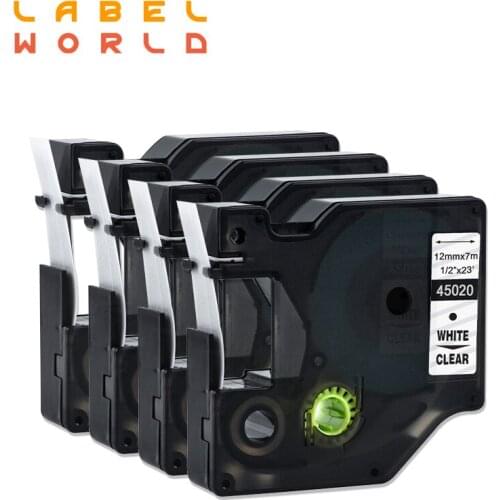 Label World 45020 Compatible Dymo Label manager 12mm D1 white on clear Dymo Maker 45020 Label Tape Dymo PNP 4 pack