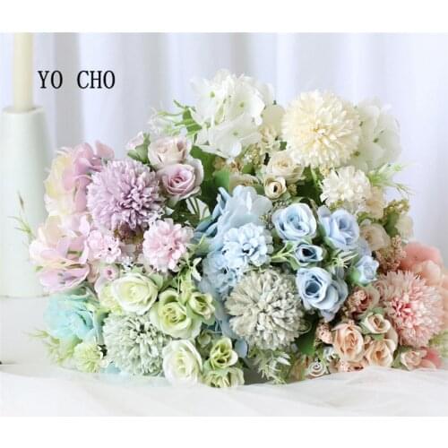 Fake Flower Bridal Bouquet 7 Heads Hydrangea Flowers Artificial Bouquet Silk Blooming Rose Peony Pompon Home Wedding Decor Flore