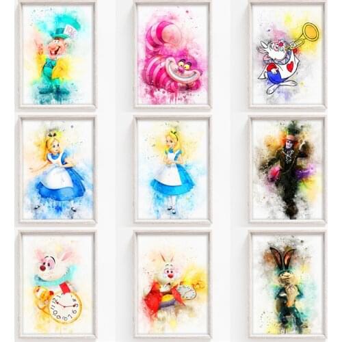 Disney Alice In Wonderland Prints Canvas Art Paintings Cartoons Watercolor Poster Wall Art Picture Nursery Room Home Decoration
