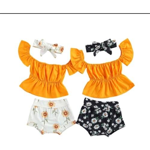 2021-03-25 Lioraitiin 0-18 M Summer Baby Girls Clothes Sets 3Pcs Off Shoulder Short Sleeve T-Shirts+Flower Print Shorts+Headband