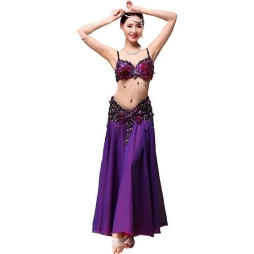 2019 Performance Oriental Dance Belly Dance Costumes Set 3pcs Feather Bra Belt Skirt Chiffon Bellydance Costume